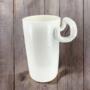 Hand Made Studio Pottery Coffee Mug Cup White Glazed With Strange Handle VTG